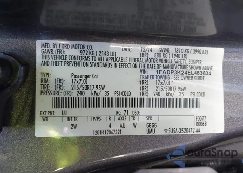 2014 Ford Focus Se z USA, uszkodzony, nr VIN 1FADP3K24EL463834